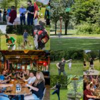 Een foto-collage van foto's genomen tijdens de Discgolfclinic en het etentje na afloop
