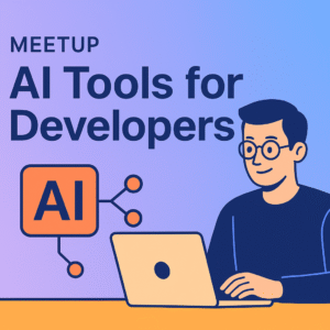 AI generated image of a developer with laptop and the title of the meetup